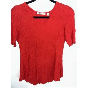 Snow Skin Women's Small Textured Tomato Red V-Neck Short Sleeve Long Top